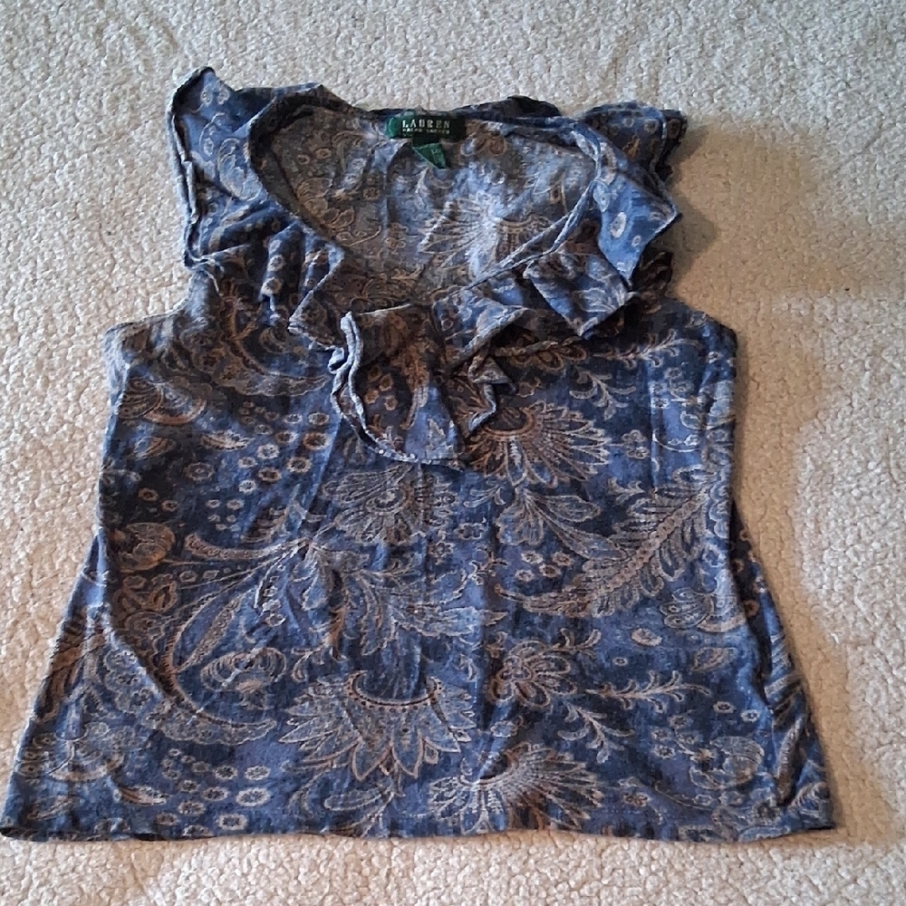 Ralph Lauren Blue and Cream Ruffle Paisley Blouse 100% Cotton